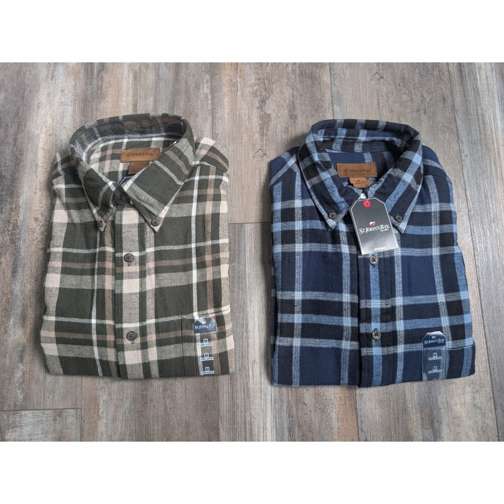 Lot of 2 St Johns Bay Heritage Flannel Shirt Mens Medium Plaid Long Sleeve Navy